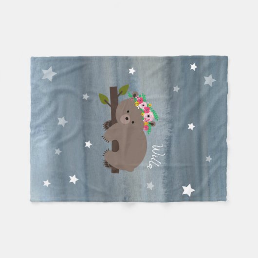 眠いくまの花柄の星の女の子のフリースブランケット フリースブランケット (正面(横))