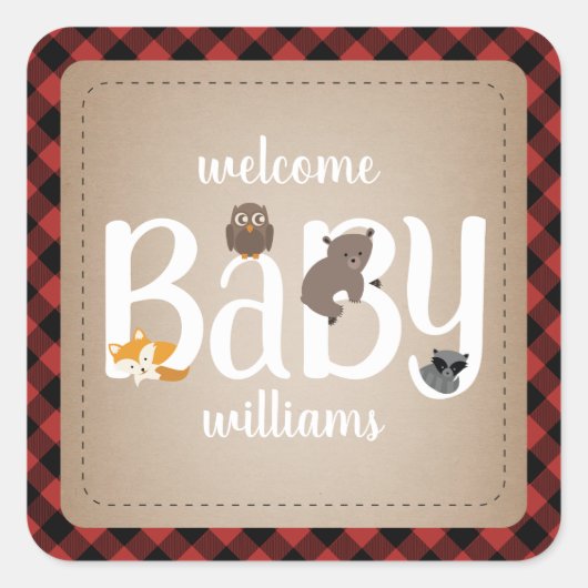 眠いウッドランド動物の格子状シール スクエアシール (正面)