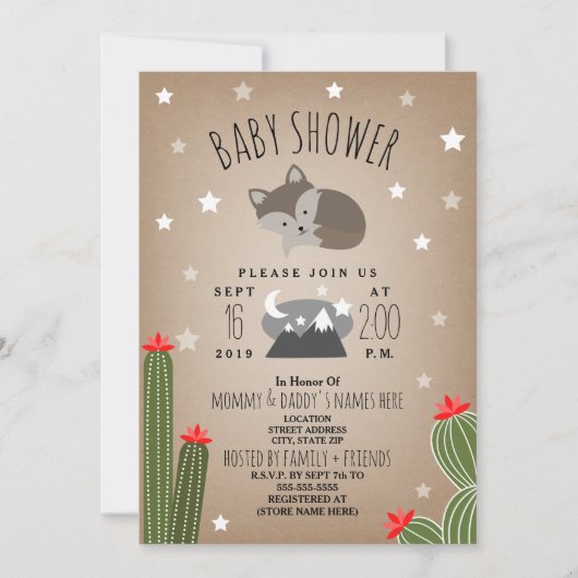 眠いオオカミの子孫砂漠の山々赤ちゃんシャワー 招待状 (正面)
