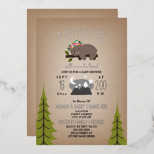 眠いクマかわいい星カードストック女の子ベビーシャワー 箔招待状 (正面/裏面)