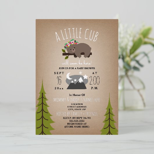 眠いクマかわいい星カードストック女の子ベビーシャワー 箔招待状 (立ち正面)