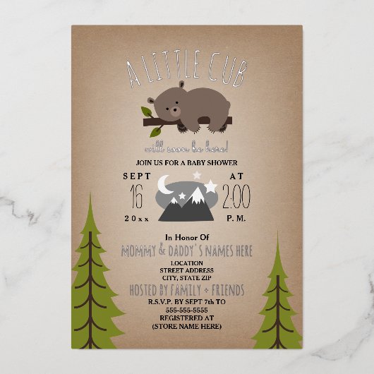 眠いクマかわいい星カードストック赤ちゃんシャワー 箔招待状 (正面)