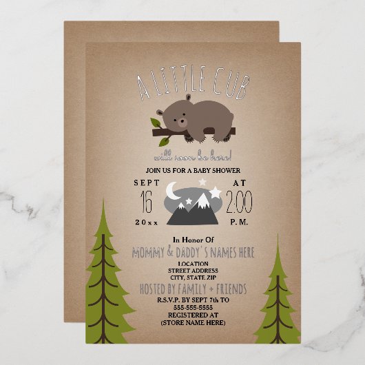 眠いクマかわいい星カードストック赤ちゃんシャワー 箔招待状 (正面/裏面)