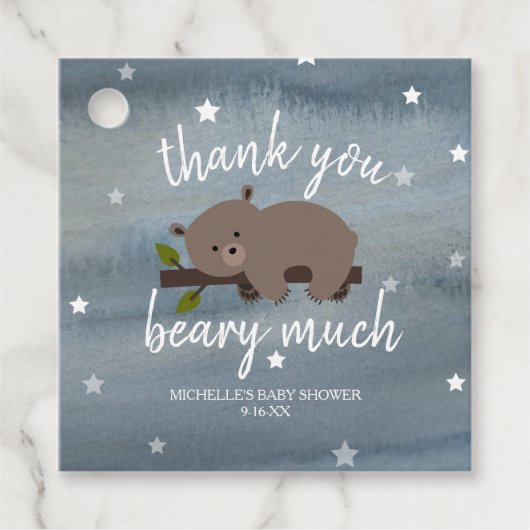 眠いクマかわいい水の色スターベビーシャワー フェイバータグ (正面)