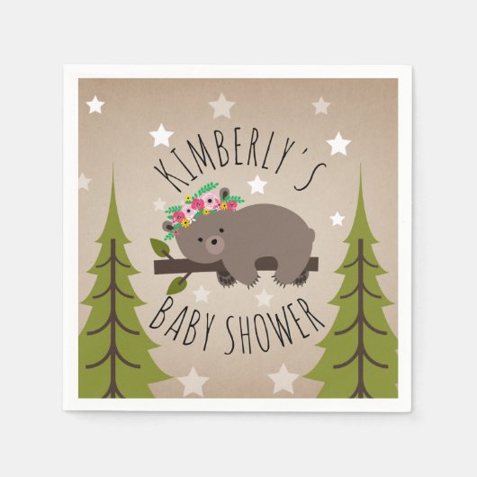 眠いクマの星+木のフローラ赤ちゃんシャワー スタンダードカクテルナプキン (正面)