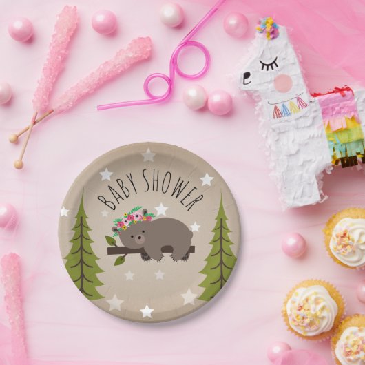 眠いクマの星+木のフローラ赤ちゃんシャワー ペーパープレート (パーティー)