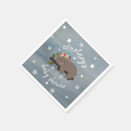眠いクマの星+水色フローラベビーシャワー スタンダードカクテルナプキン (角)