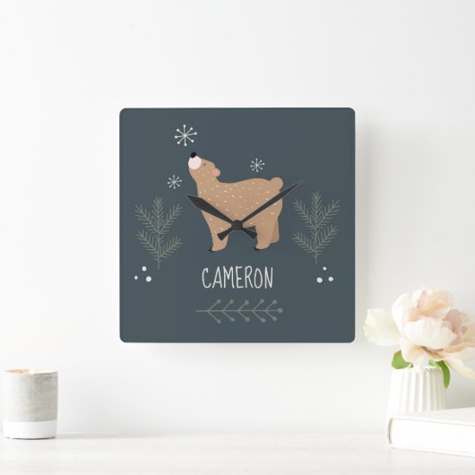 眠いクマ スクエア壁時計 (ホーム)