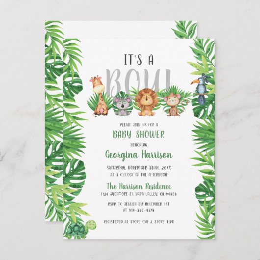眠いジャングル動物|少年のベビーシャワー インビテーションポストカード (正面/裏面)
