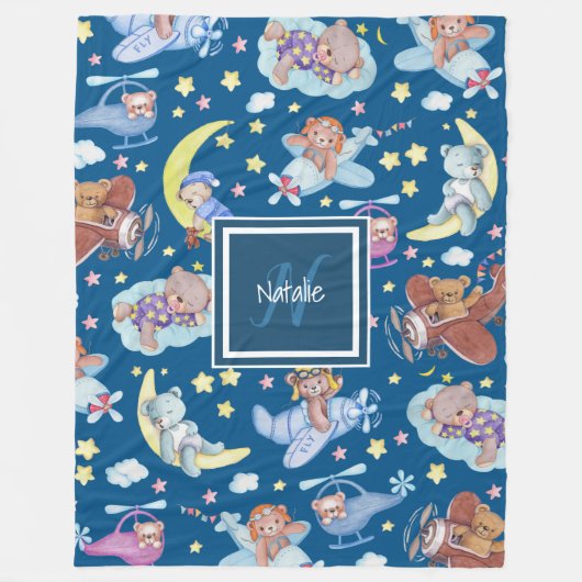 眠いテディベアが飛行機の夢を飛んでいる見る フリースブランケット (正面)