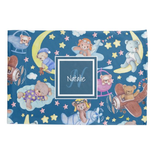 眠いテディベアが飛行機の夢を飛んでいる見る 枕カバー (裏面)