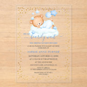 眠いテディベアほぼ待っている男の子の赤ちゃんシャワー アクリル招待状 (正面)