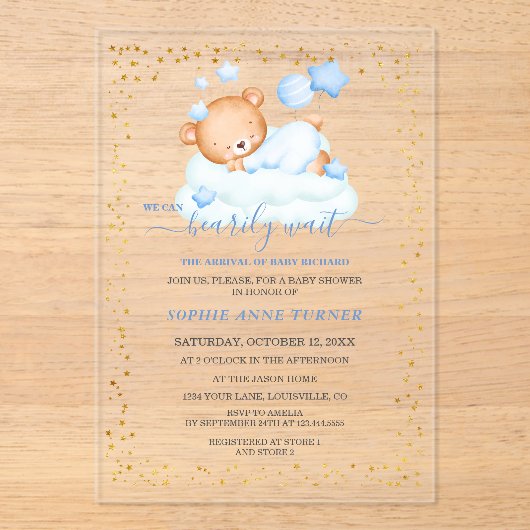 眠いテディベアほぼ待っている男の子の赤ちゃんシャワー アクリル招待状 (正面)