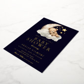 眠いテディベアオンムーンベビーシャワー金ゴールド 箔招待状 (回転した状態)