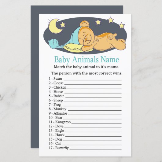 眠いテディベアーベビーアニマルズネームゲーム (正面/裏面)