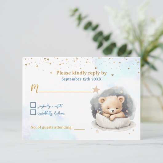 眠いテディベア男の子の赤ちゃんシャワー応答カード 出欠カード (スタンド正面)
