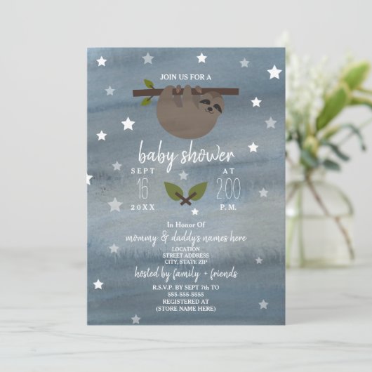 眠いナマケモノの水の色スターベビーシャワー 招待状 (スタンド正面)