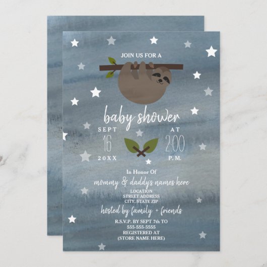 眠いナマケモノの水の色スターベビーシャワー 招待状 (正面/裏面)