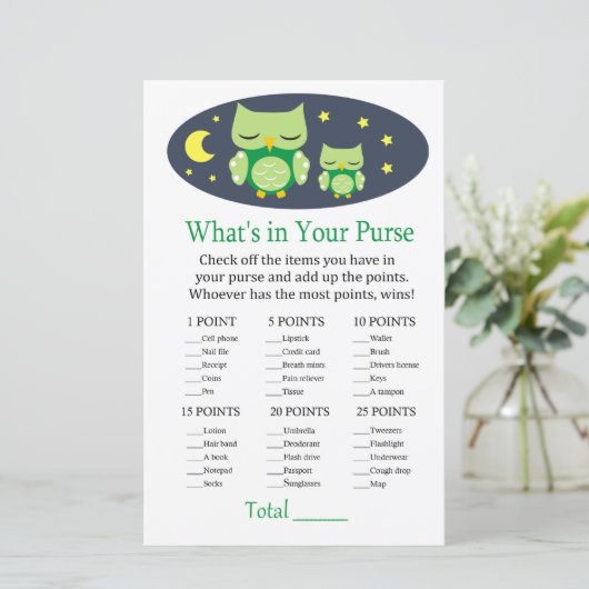 眠いフクロウあなたの財布ゲームのベビーシャワーに何がある (スタンド正面)