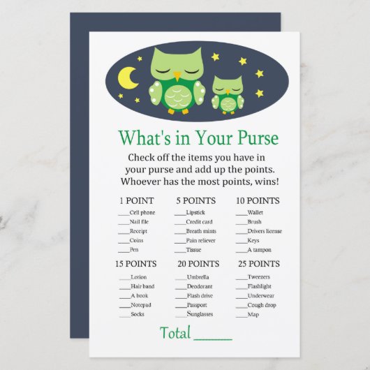 眠いフクロウあなたの財布ゲームのベビーシャワーに何がある (正面/裏面)