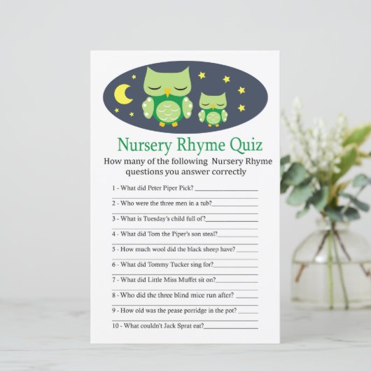 眠いフクロウ子供部屋韻クイズ赤ちゃんシャワーゲーム (スタンド正面)