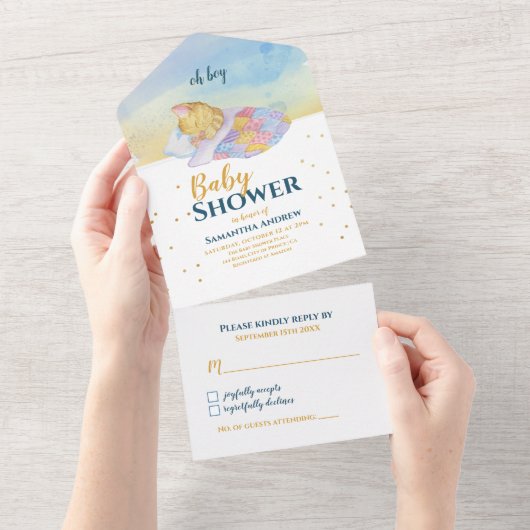 眠いベビーキャットカラフルベビーシャワー オールインワン招待状 (貼ってはがせる)