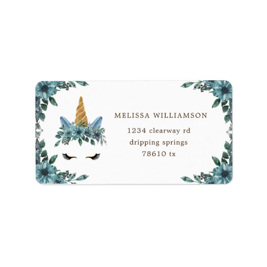 眠いユニコーンブルーフローラ差出人住所ラベル ラベル (正面)