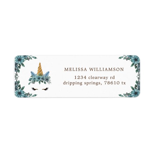 眠いユニコーンブルーフローラ差出人住所ラベル ラベル (正面)