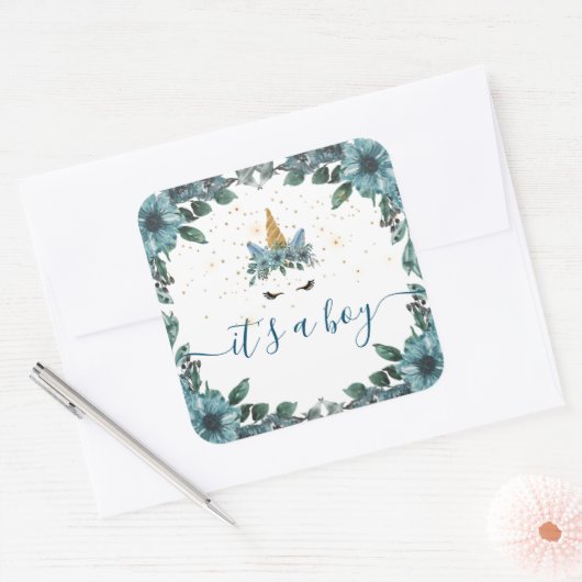 眠いユニコーンブルーフローラ男の子シール スクエアシール (封筒)