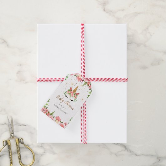 眠いユニコーン赤面フローラベビーシャワーモノグラム ギフトタグ (より糸付き)