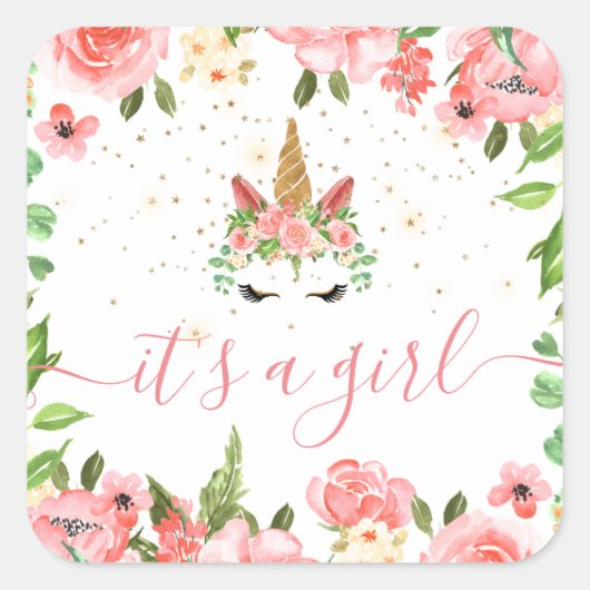 眠いユニコーン赤面フローラ女の子シール スクエアシール (正面)