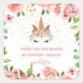 眠いユニコーン赤面感謝していフローラyouステッカー スクエアシール (正面)