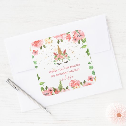 眠いユニコーン赤面感謝していフローラyouステッカー スクエアシール (封筒)