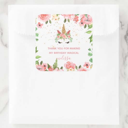 眠いユニコーン赤面感謝していフローラyouステッカー スクエアシール (バッグ)