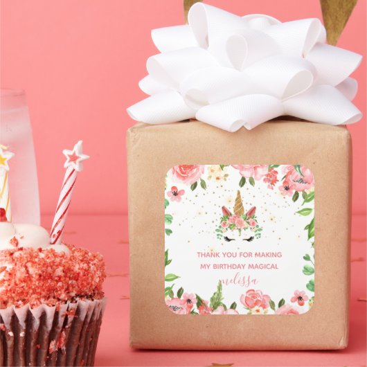 眠いユニコーン赤面感謝していフローラyouステッカー スクエアシール (パーティー)