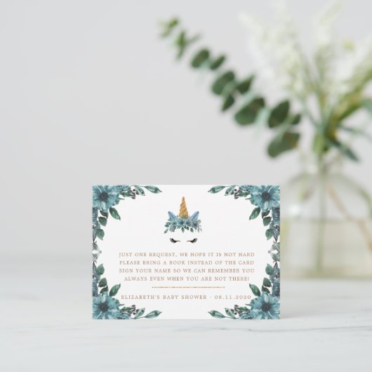 眠いユニコーン青いフローラの赤ちゃんシャワー エンクロージャーカード (スタンド正面)