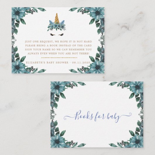 眠いユニコーン青いフローラの赤ちゃんシャワー エンクロージャーカード (正面/裏面)