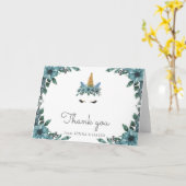 眠いユニコーン顔ブルーフローラサンキューカード カード (黄色い花)