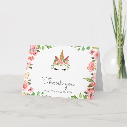 眠いユニコーン顔赤面フローラサンキューカード カード (正面)