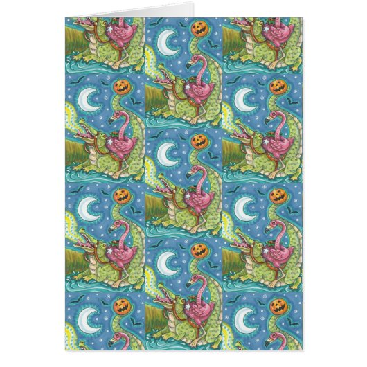 眠い中空ピンクフラミンゴ&クロックハロウィーンカード (正面)