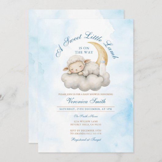 眠い可愛い子羊の赤ちゃんシャワー 招待状 (正面/裏面)