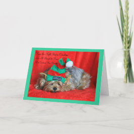 眠い子犬の身に着けている小妖精や小人の帽子 シーズンカード