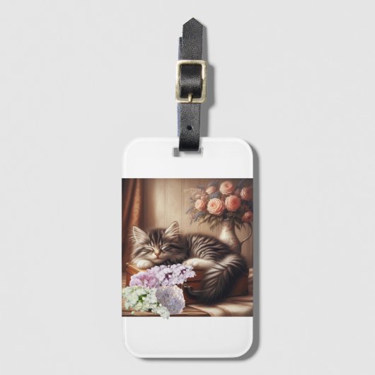 眠い子猫の花とスーツケース ラゲッジタグ (正面縦)