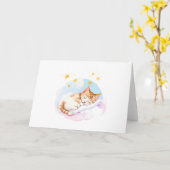 眠い子猫ふわふわ雲空白の折り返しグリーティング カード (黄色い花)