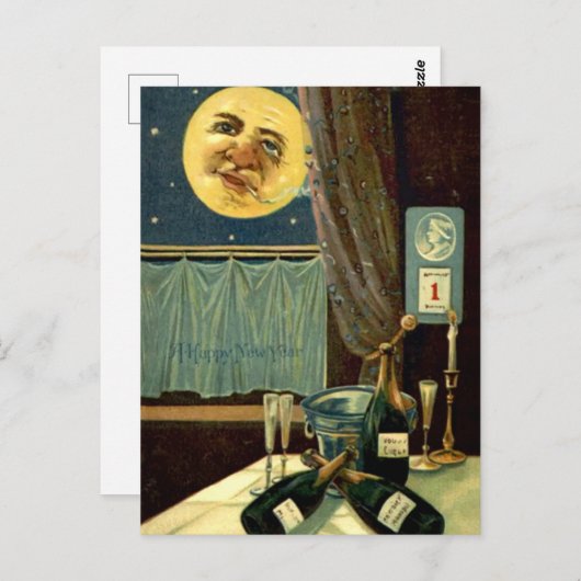 眠い新年の月の後のパーティー ポストカード (正面/裏面)