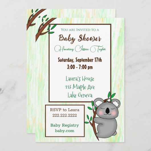 眠い漫画コアラをテーマにした赤ちゃんシャワー 招待状 (正面/裏面)