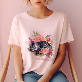 眠い猫とピンクの花ガールズ Tシャツ