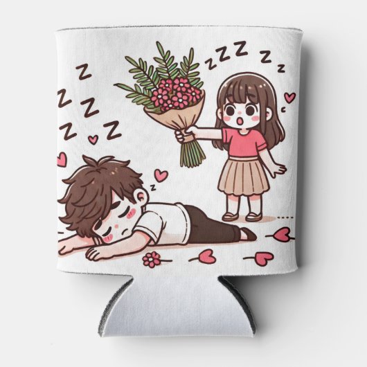 眠い男の子と花の女の子 缶クーラー (正面)