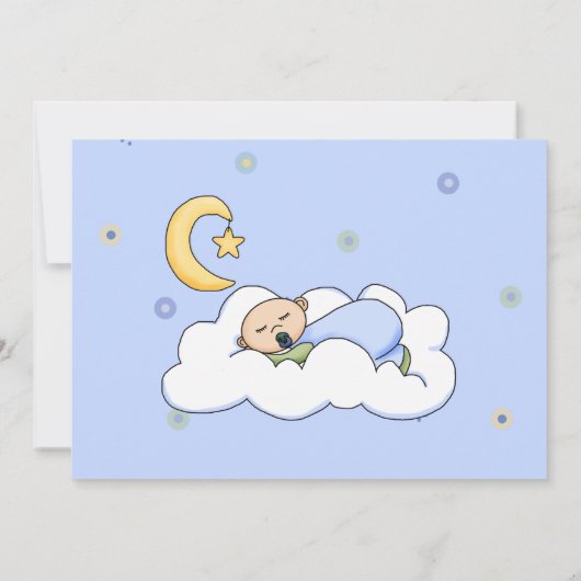 眠い男の赤ちゃんはシャワーの招待状を振りかけます 招待状 (裏面)