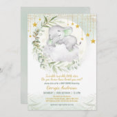 眠い象の緑のキラキラ星の赤ちゃんシャワー 招待状 (正面/裏面)